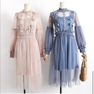 NWT Dusty Blue Fairy Tulle High Neck Midi Dress